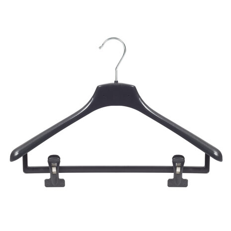 Cintre veste / costume (galbé) plastique noir avec épaules larges et pinces antidérapantes Cintre veste / costume (galbé) plastique noir avec épaules larges et pinces antidérapantes