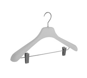 Cintre veste / costume (galbé) plastique givré avec épaules larges et pinces antidérapantes Cintre veste / costume (galbé) plastique givré avec épaules larges et pinces antidérapantes