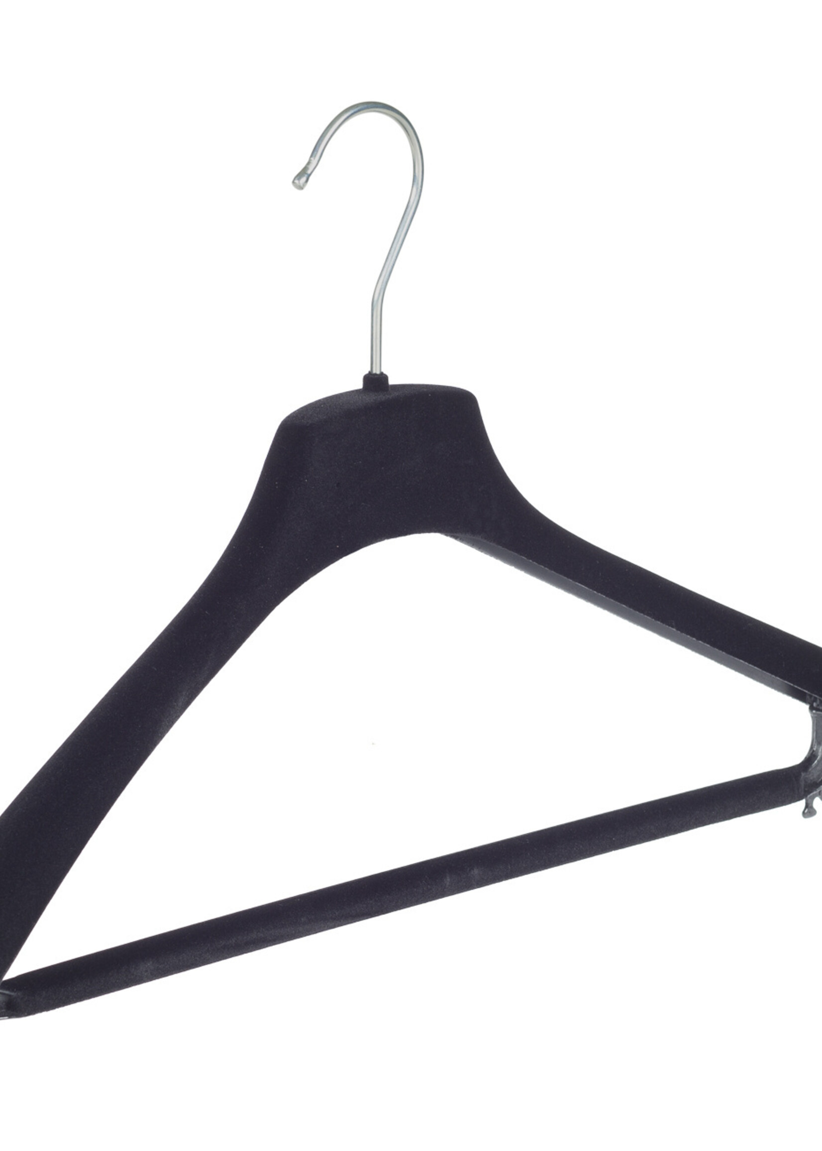 Cintre veste / costume (galbé) plastique velours noir avec épaules larges et barre