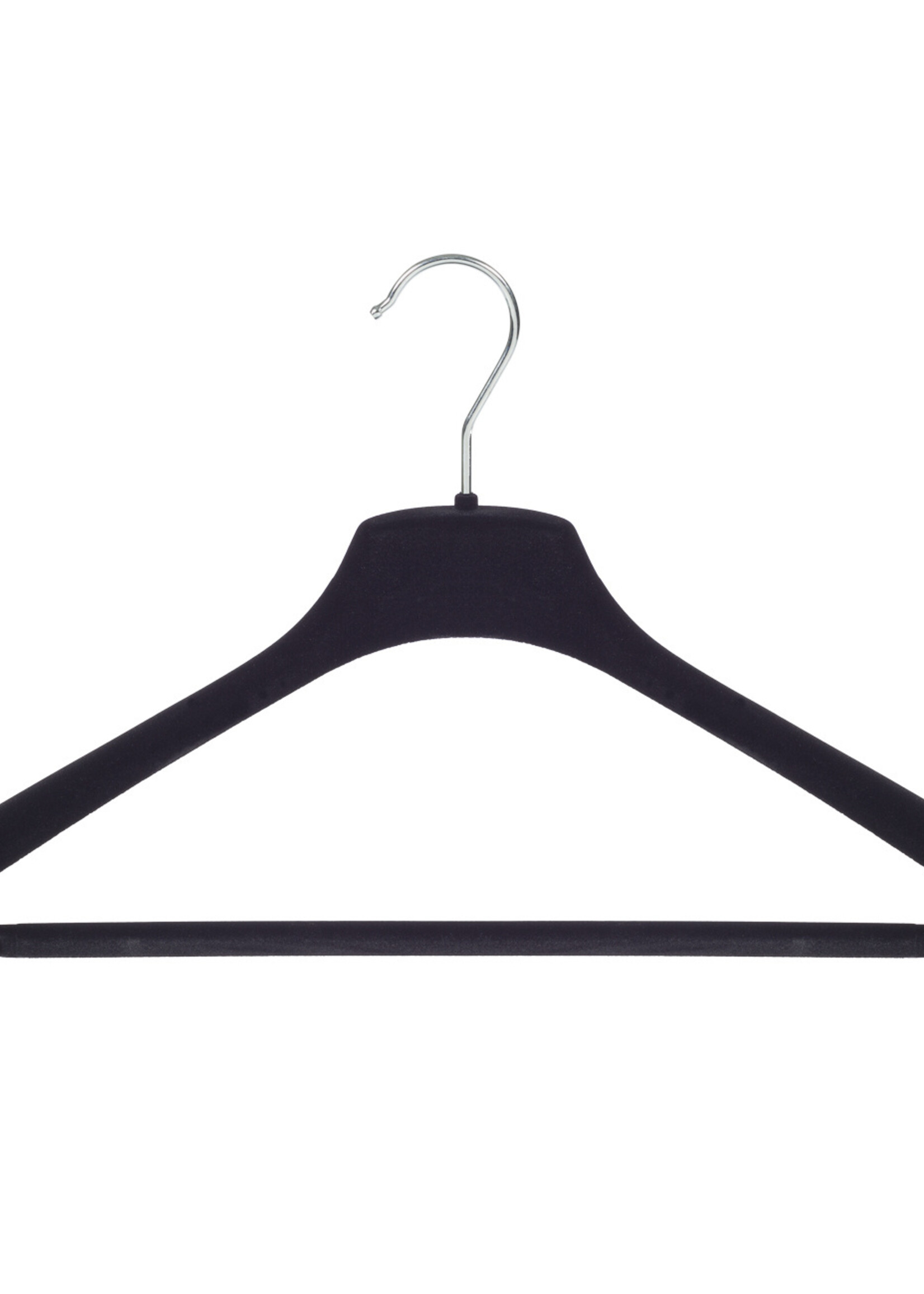 Cintre veste / costume (galbé) plastique velours noir avec épaules larges et barre