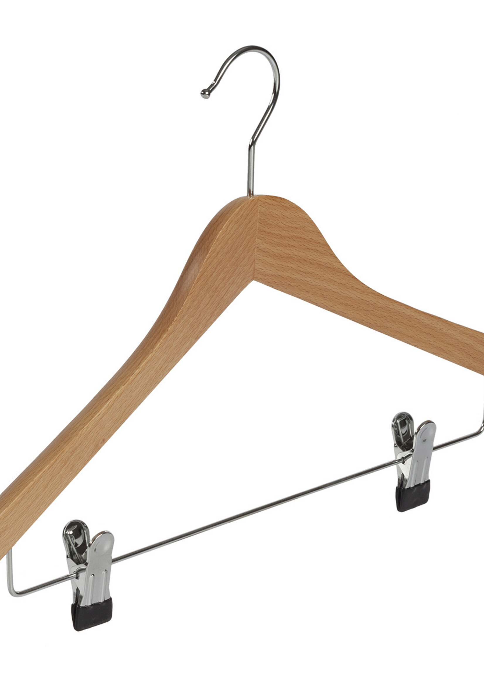 Cintre hotel (galbé) bois hêtre verni naturel avec pinces antidérapantes