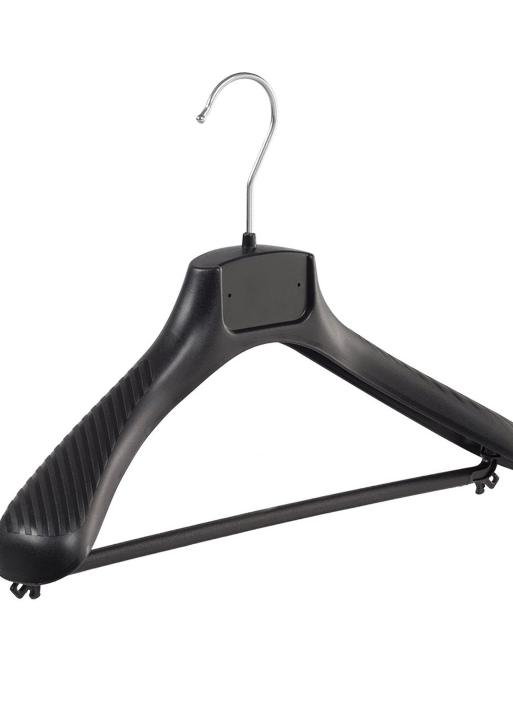 Cintre veste / costume (galbé) plastique noir avec épaules larges et barre