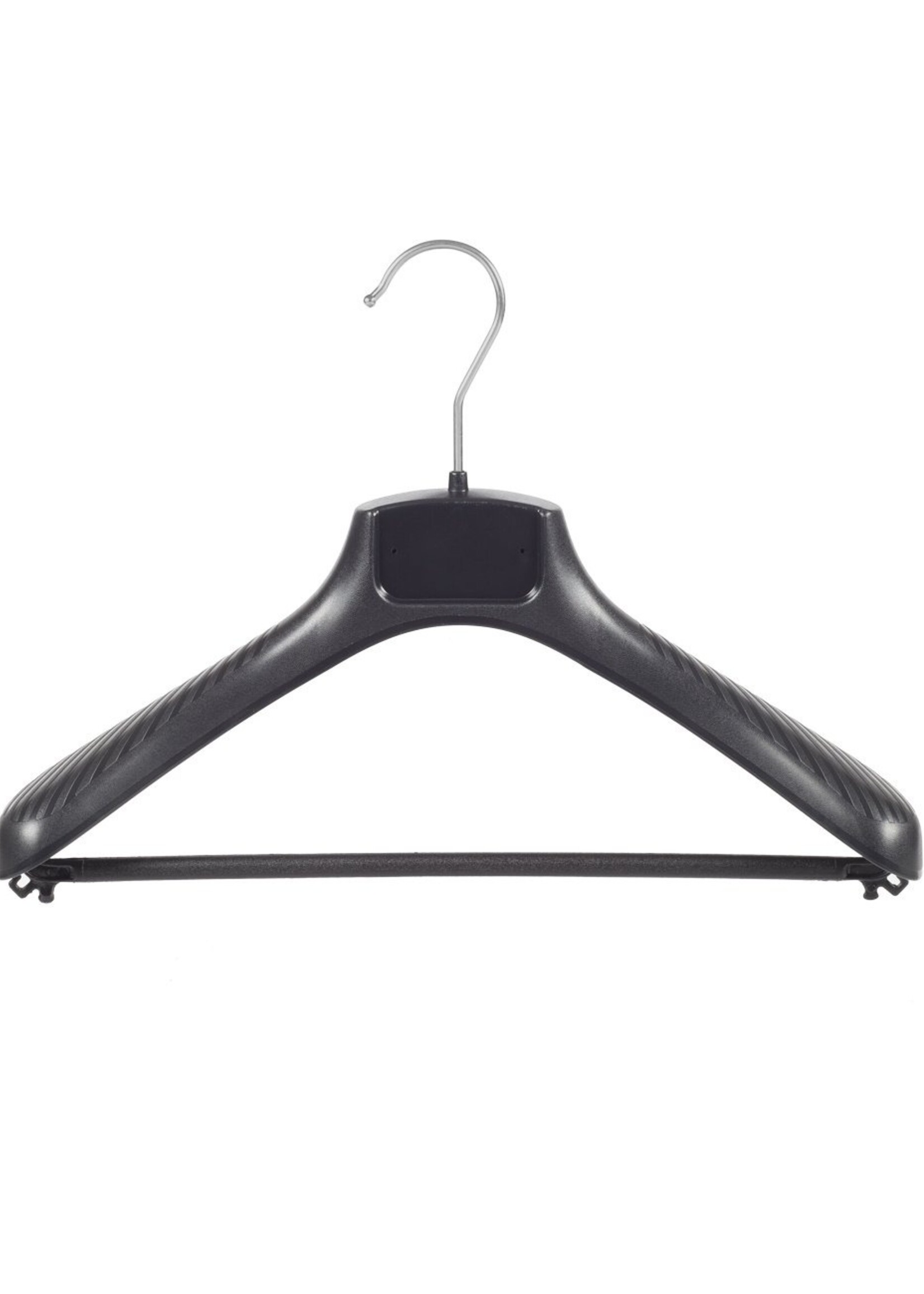 Cintre veste / costume (galbé) plastique noir avec épaules larges et barre