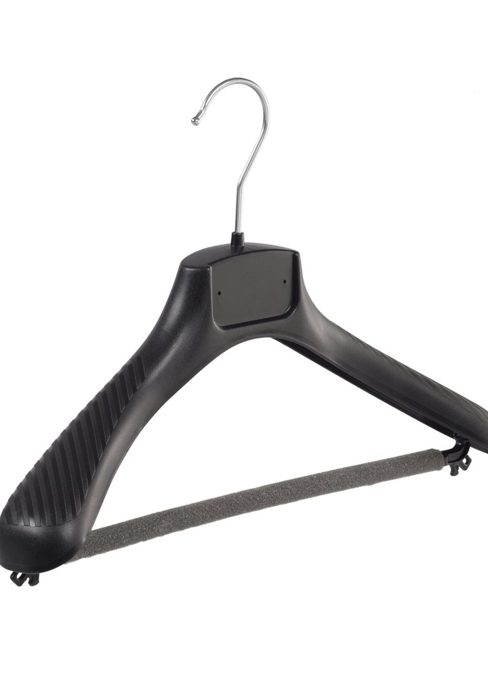 Cintre veste / costume (galbé) plastique noir avec épaules larges et barre antidérapente (mousse 2 mm)