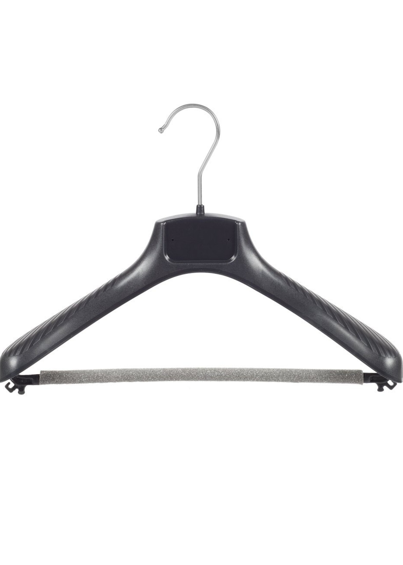 Cintre veste / costume (galbé) plastique noir avec épaules larges et barre antidérapente (mousse 2 mm)