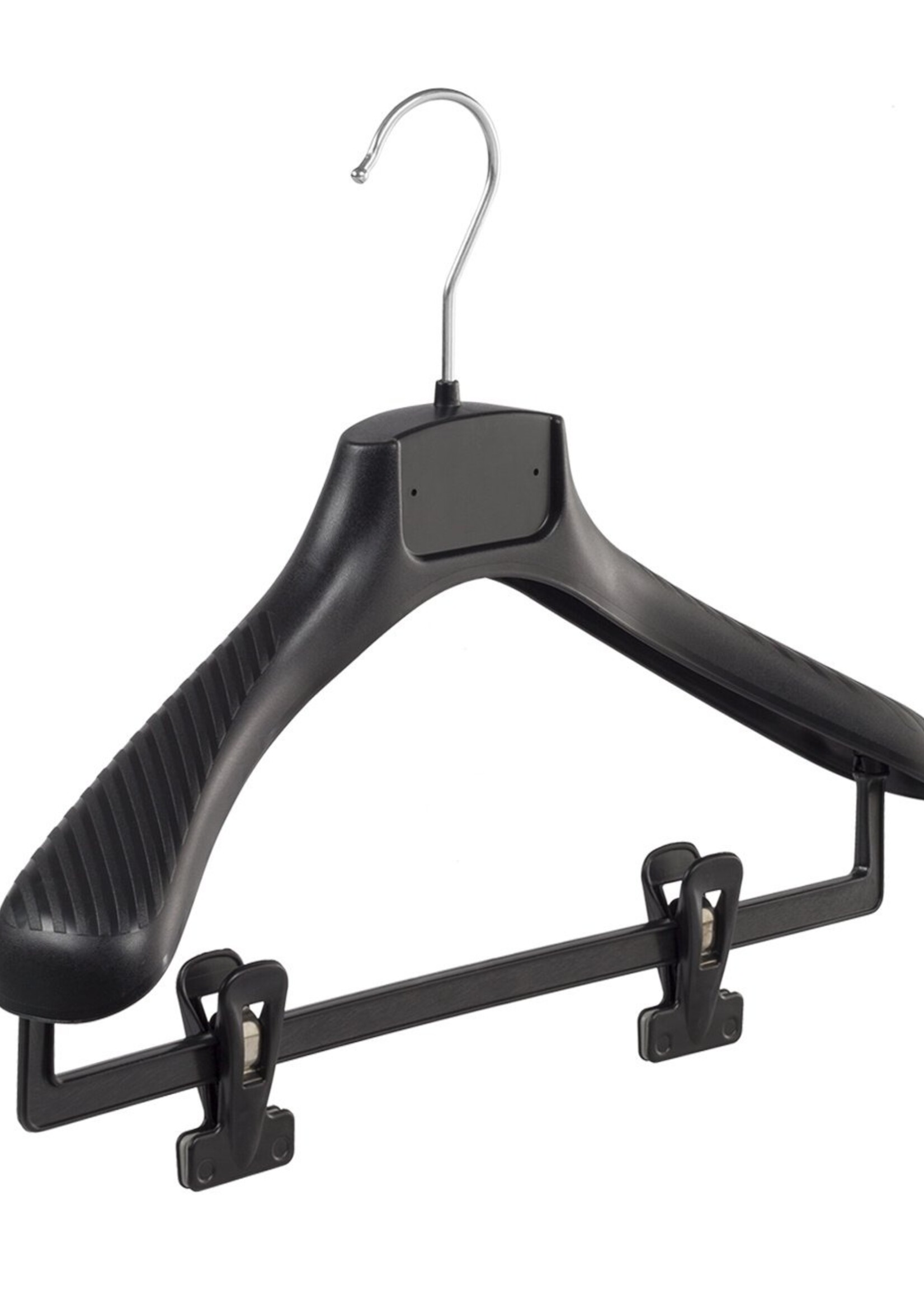 Cintre veste / costume (galbé) plastique noir avec épaules larges et pinces antidérapantes