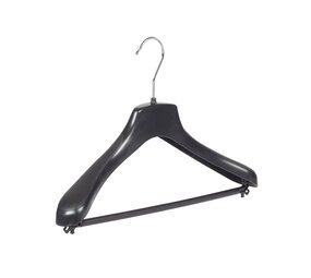 Cintre veste / costume (galbé) plastique noir avec épaules larges et barre Cintre veste / costume (galbé) plastique noir avec épaules larges et barre