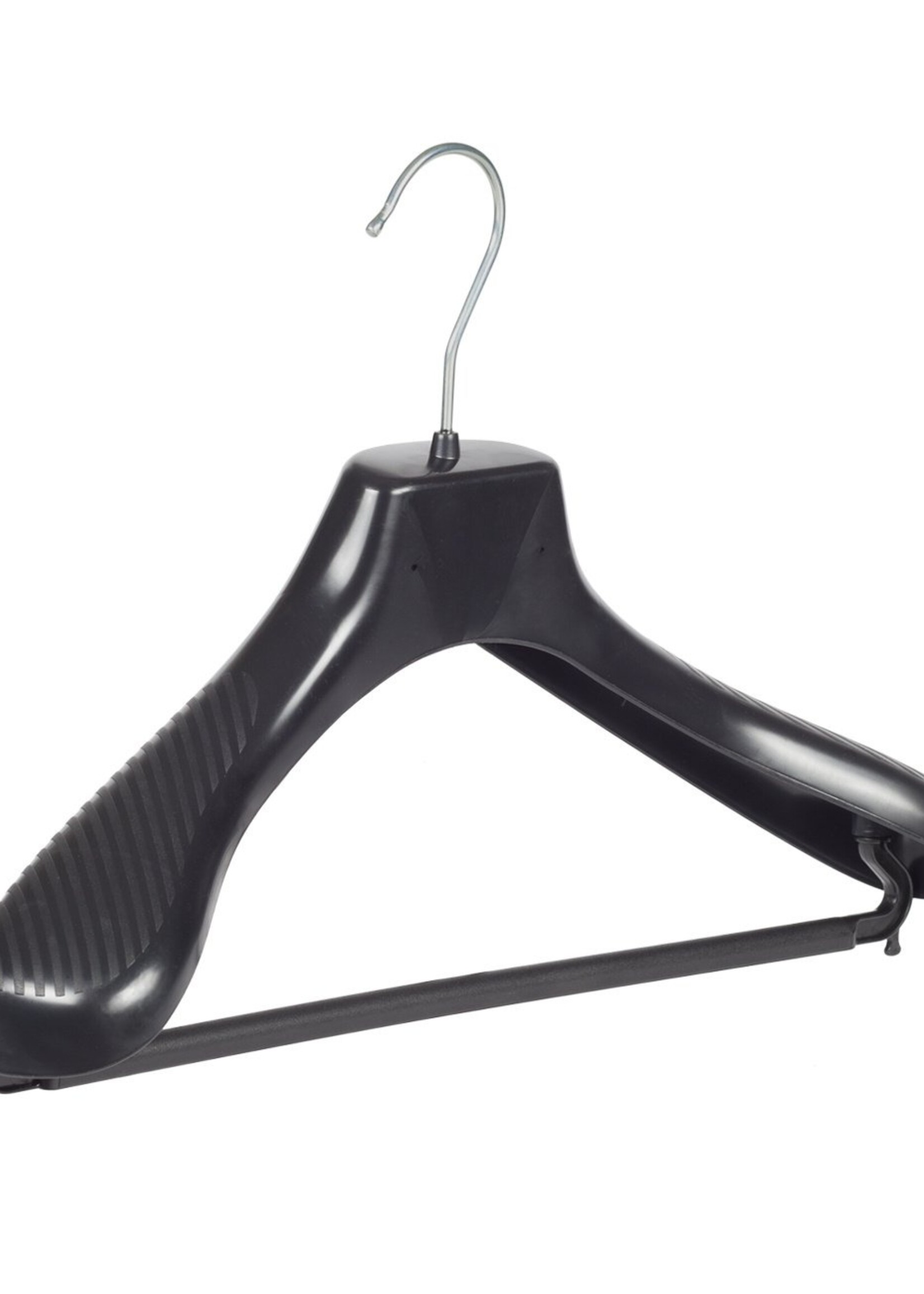 Cintre veste / costume (galbé) plastique noir avec épaules larges et barre