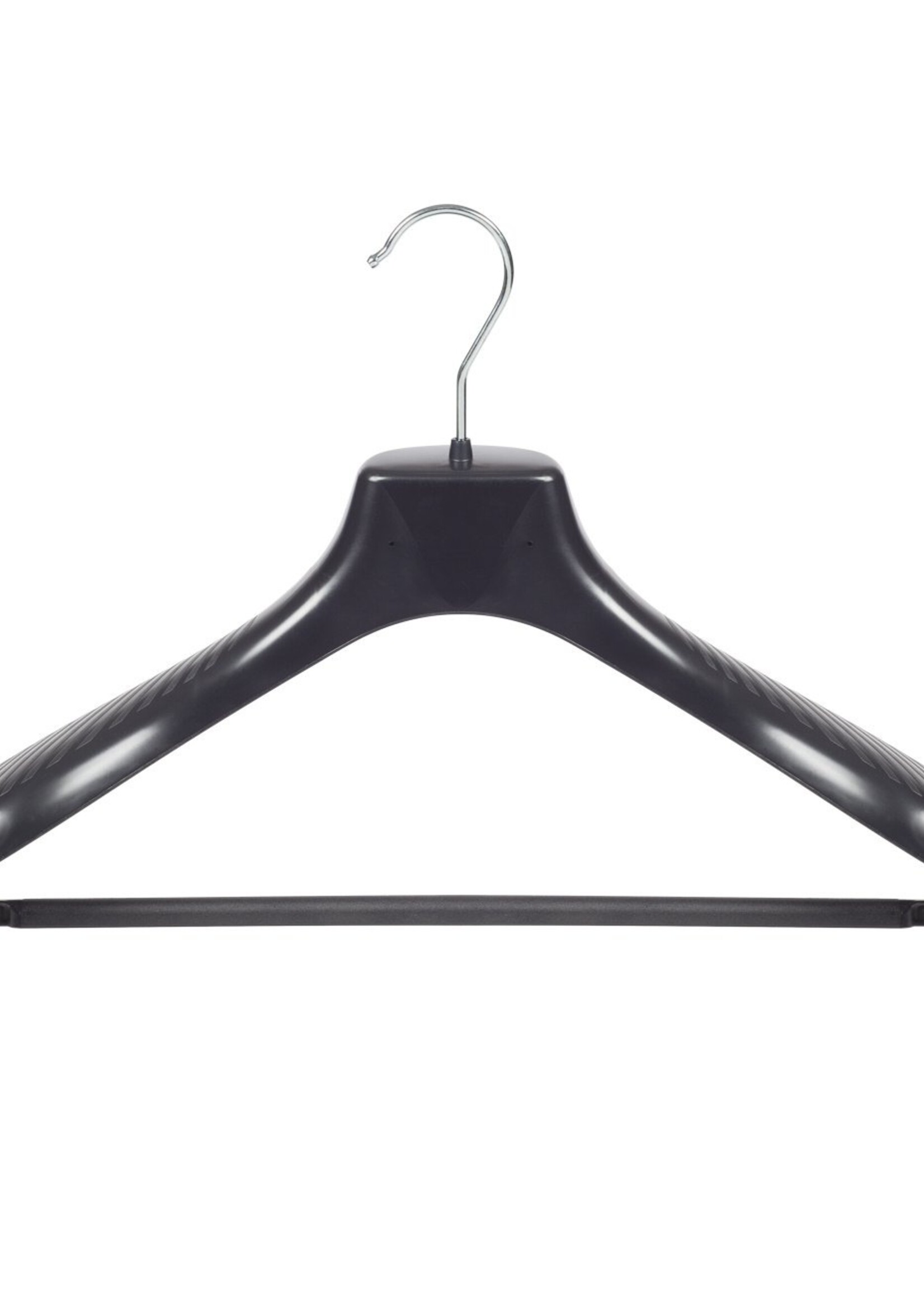 Cintre veste / costume (galbé) plastique noir avec épaules larges et barre