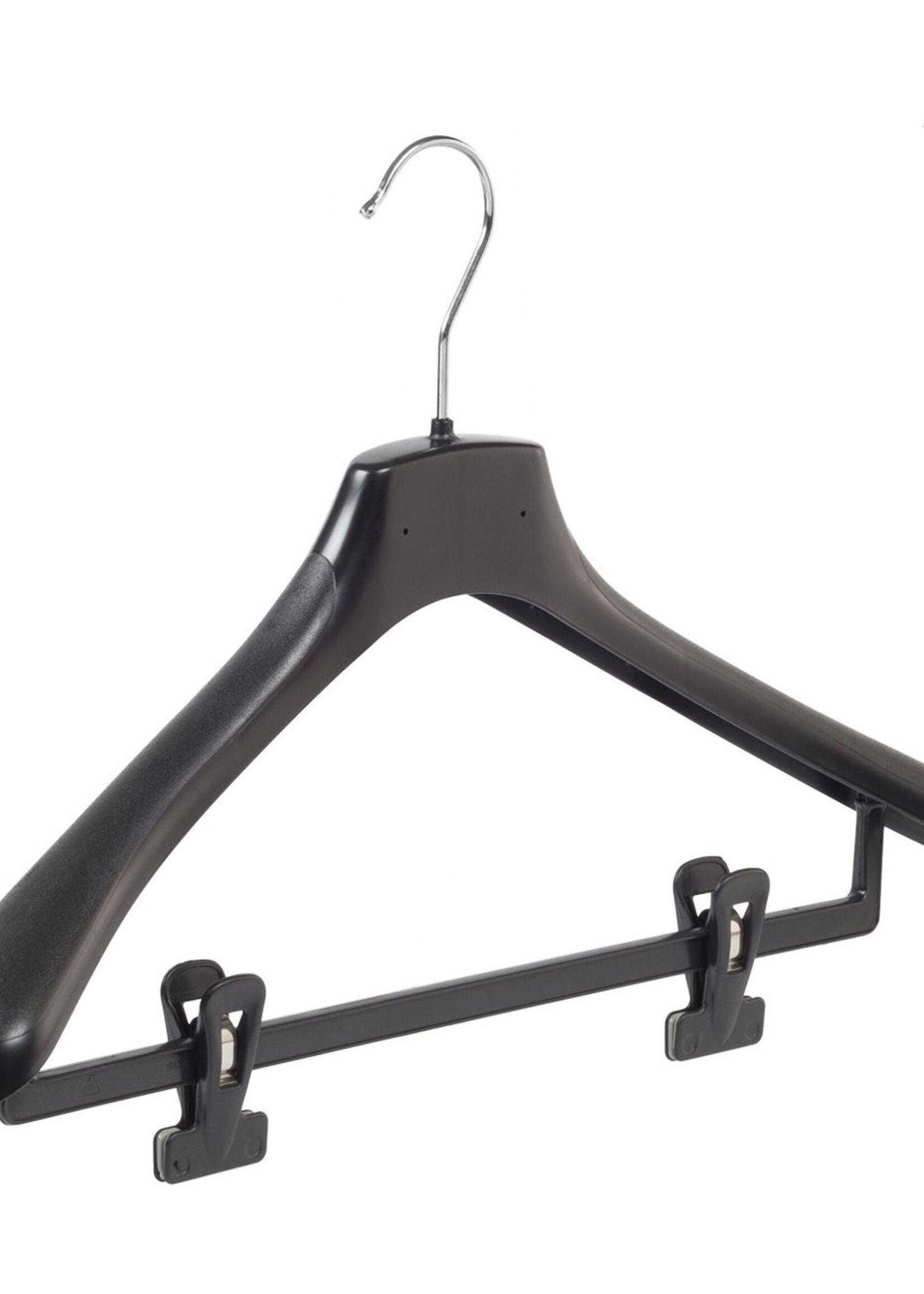 Cintre veste / costume (galbé) plastique noir avec épaules larges et pinces antidérapantes