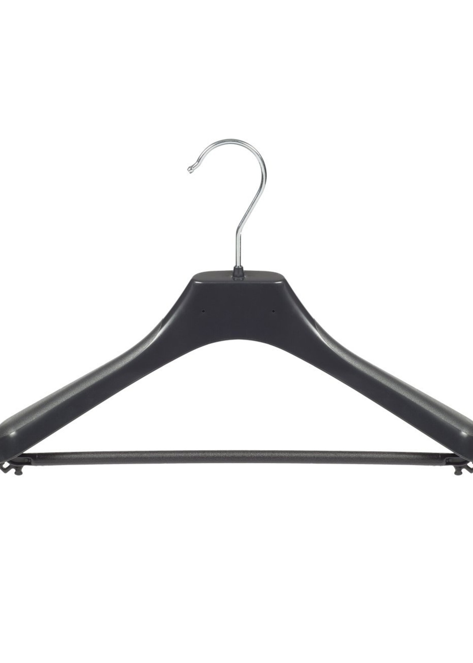 Cintre veste / costume (galbé) plastique noir avec épaules larges et barre