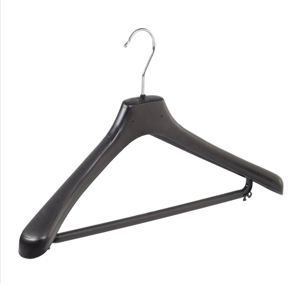 Cintre veste / costume (galbé) plastique noir avec épaules larges et barre Cintre veste / costume (galbé) plastique noir avec épaules larges et barre