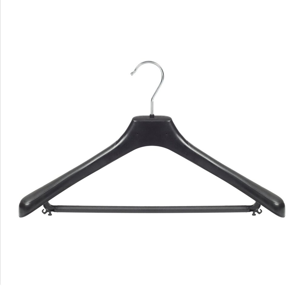 Cintre veste / costume (galbé) plastique noir avec épaules larges et barre Cintre veste / costume (galbé) plastique noir avec épaules larges et barre