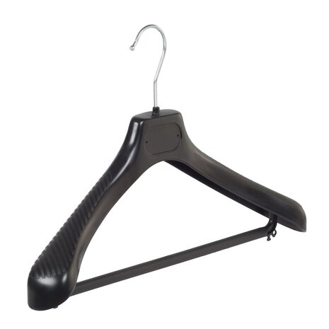 Cintre veste / costume (galbé) plastique noir avec épaules larges et barre Cintre veste / costume (galbé) plastique noir avec épaules larges et barre