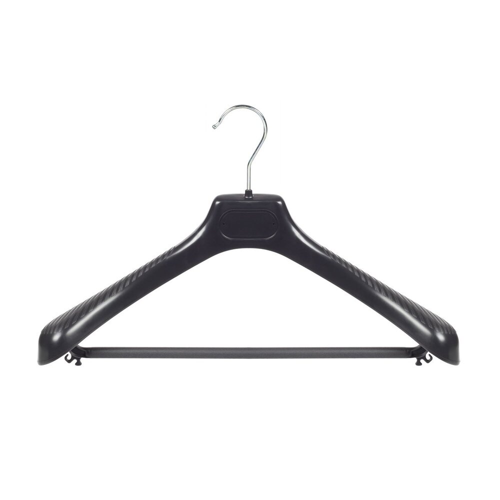 Cintre veste / costume (galbé) plastique noir avec épaules larges et barre Cintre veste / costume (galbé) plastique noir avec épaules larges et barre