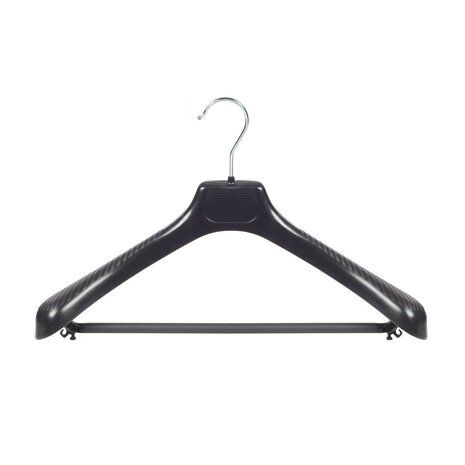 Cintre veste / costume (galbé) plastique noir avec épaules larges et barre Cintre veste / costume (galbé) plastique noir avec épaules larges et barre