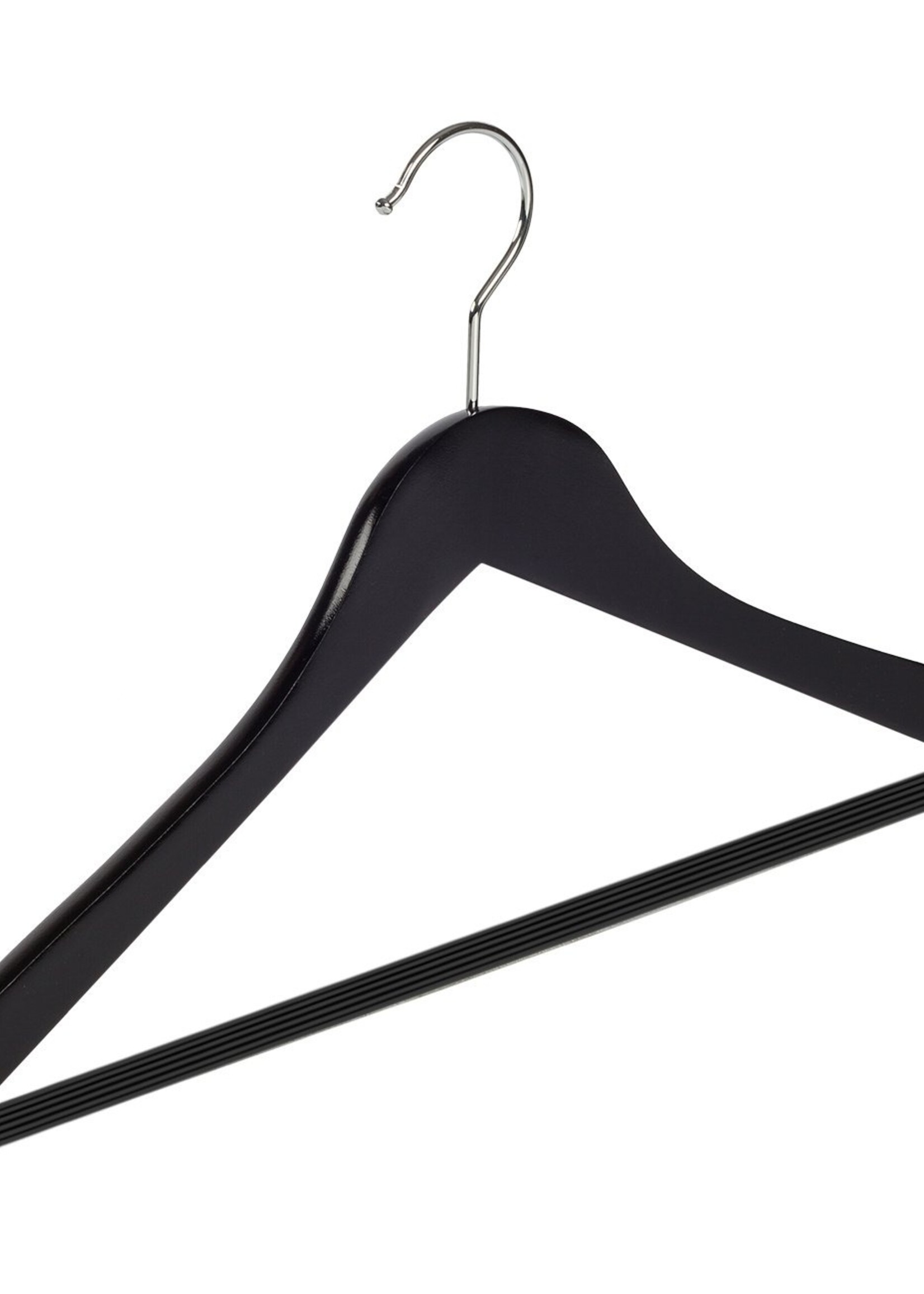 Cintre blouse / chemise (galbé) bois hêtre laqué noir avec encoches et barre antidérapant