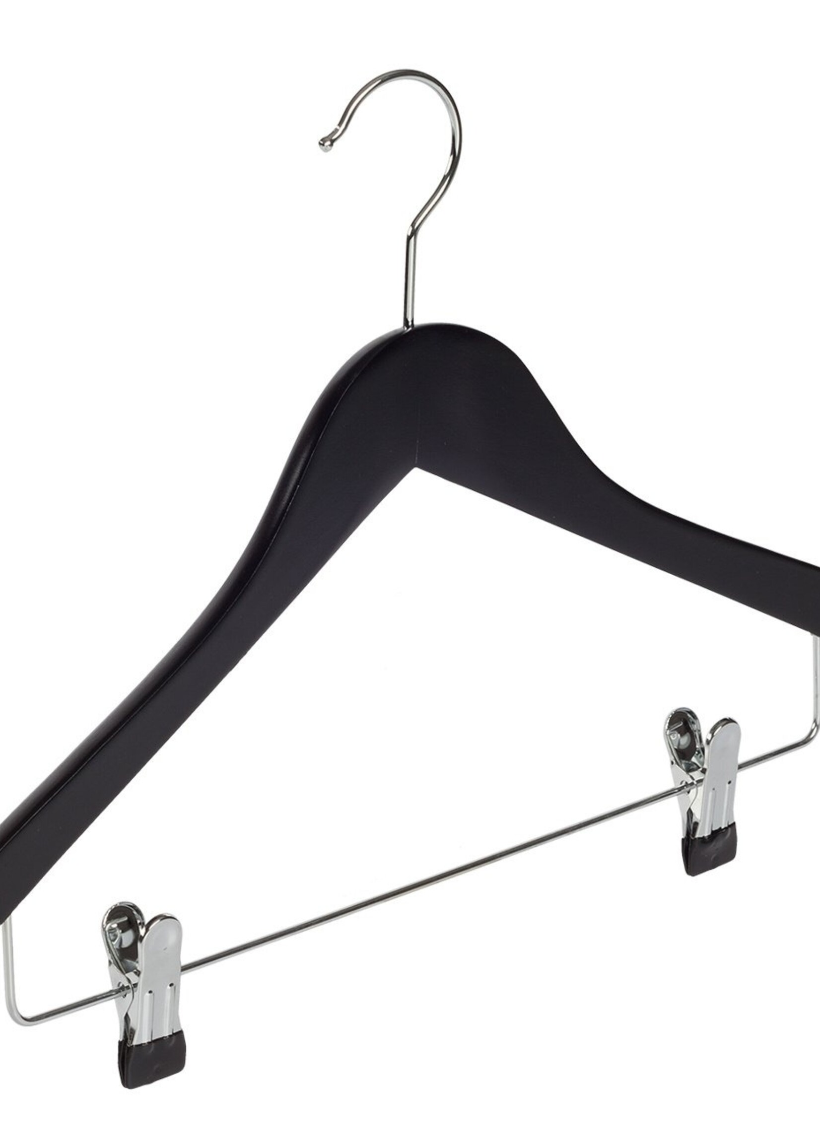 Cintre blouse / chemise (galbé) bois hêtre laqué noir avec encoches et pinces antidérapantes