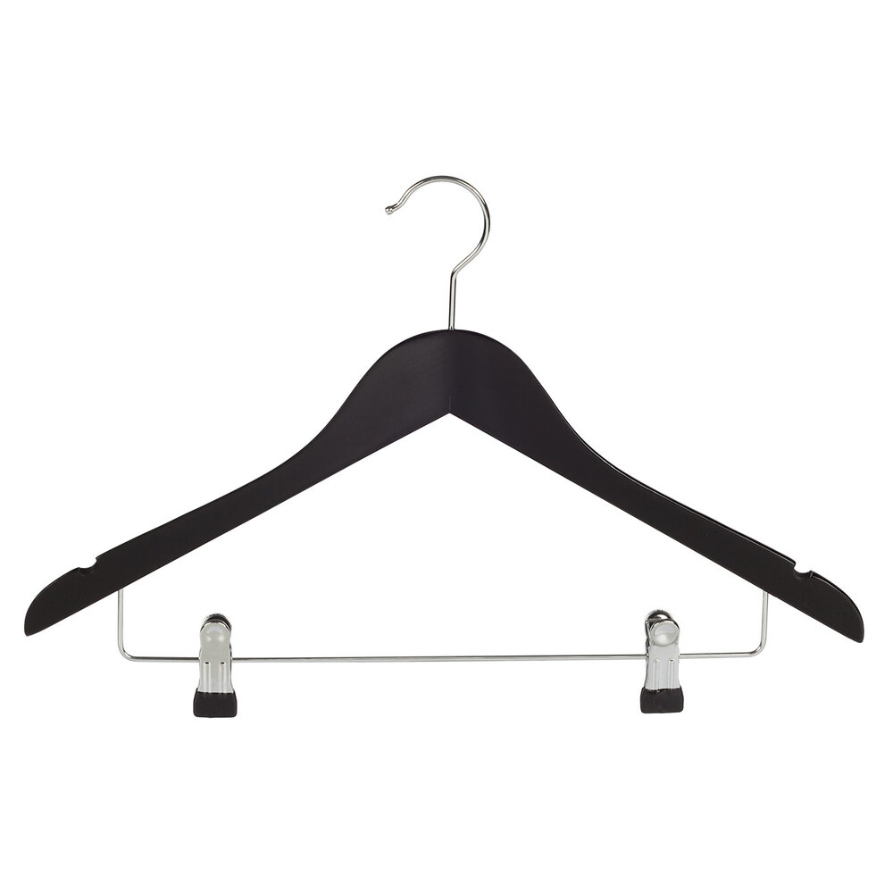 Cintre blouse / chemise (galbé) bois hêtre laqué noir avec encoches et pinces antidérapantes Cintre blouse / chemise (galbé) bois hêtre laqué noir avec encoches et pinces antidérapantes