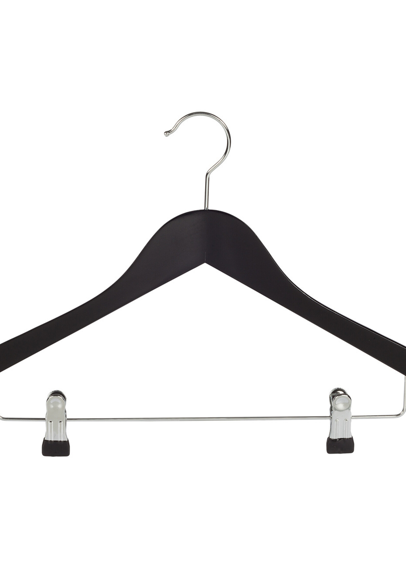 Cintre blouse / chemise (galbé) bois hêtre laqué noir avec encoches et pinces antidérapantes