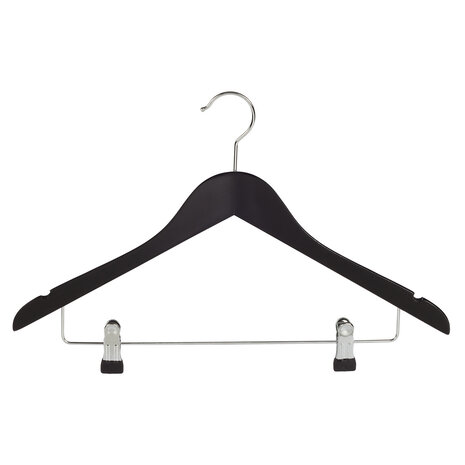 Cintre blouse / chemise (galbé) bois hêtre laqué noir avec encoches et pinces antidérapantes Cintre blouse / chemise (galbé) bois hêtre laqué noir avec encoches et pinces antidérapantes