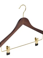 Cintre blouse / chemise (galbé) bois hêtre teinté noyer avec crochet doré, encoches et pinces antidérapantes