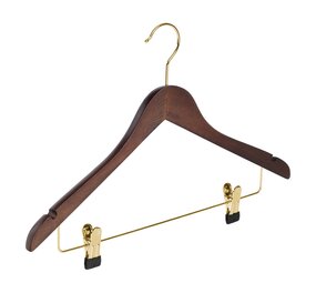 Cintre blouse / chemise (galbé) bois hêtre teinté noyer avec crochet doré, encoches et pinces antidérapantes Cintre blouse / chemise (galbé) bois hêtre teinté noyer avec crochet doré, encoches et pinces antidérapantes