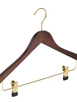 Cintre blouse / chemise (galbé) bois hêtre teinté noyer avec crochet doré et pinces antidérapantes