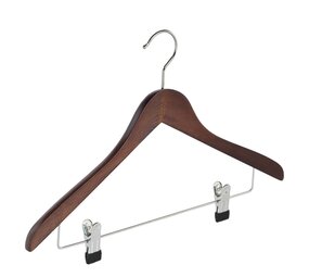 Cintre blouse / chemise (galbé) bois hêtre teinté noyer avec pinces antidérapantes Cintre blouse / chemise (galbé) bois hêtre teinté noyer avec pinces antidérapantes