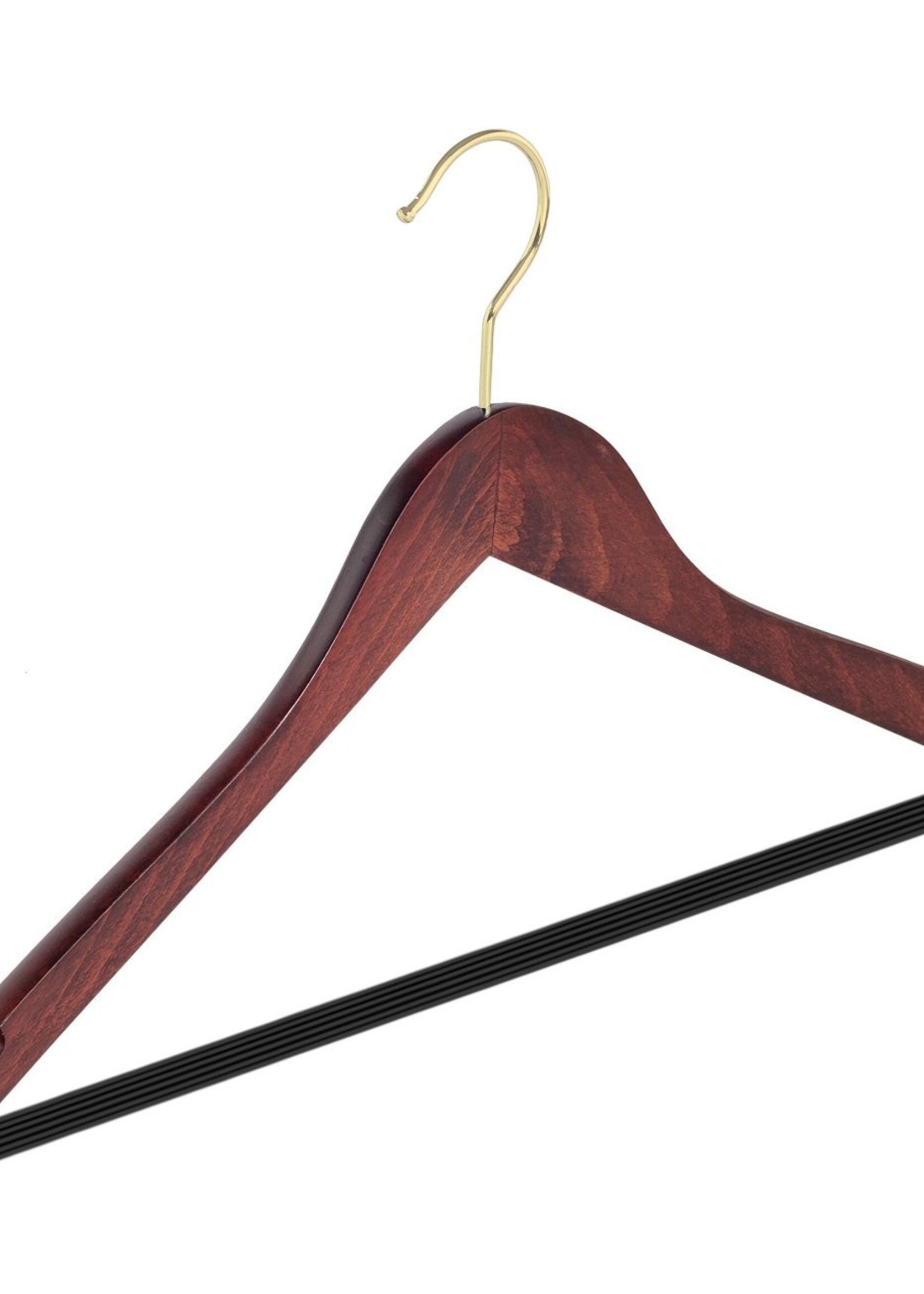 Cintre blouse / chemise (galbé) bois hêtre teinté acajou avec crochet doré, encoches et barre antidérapant