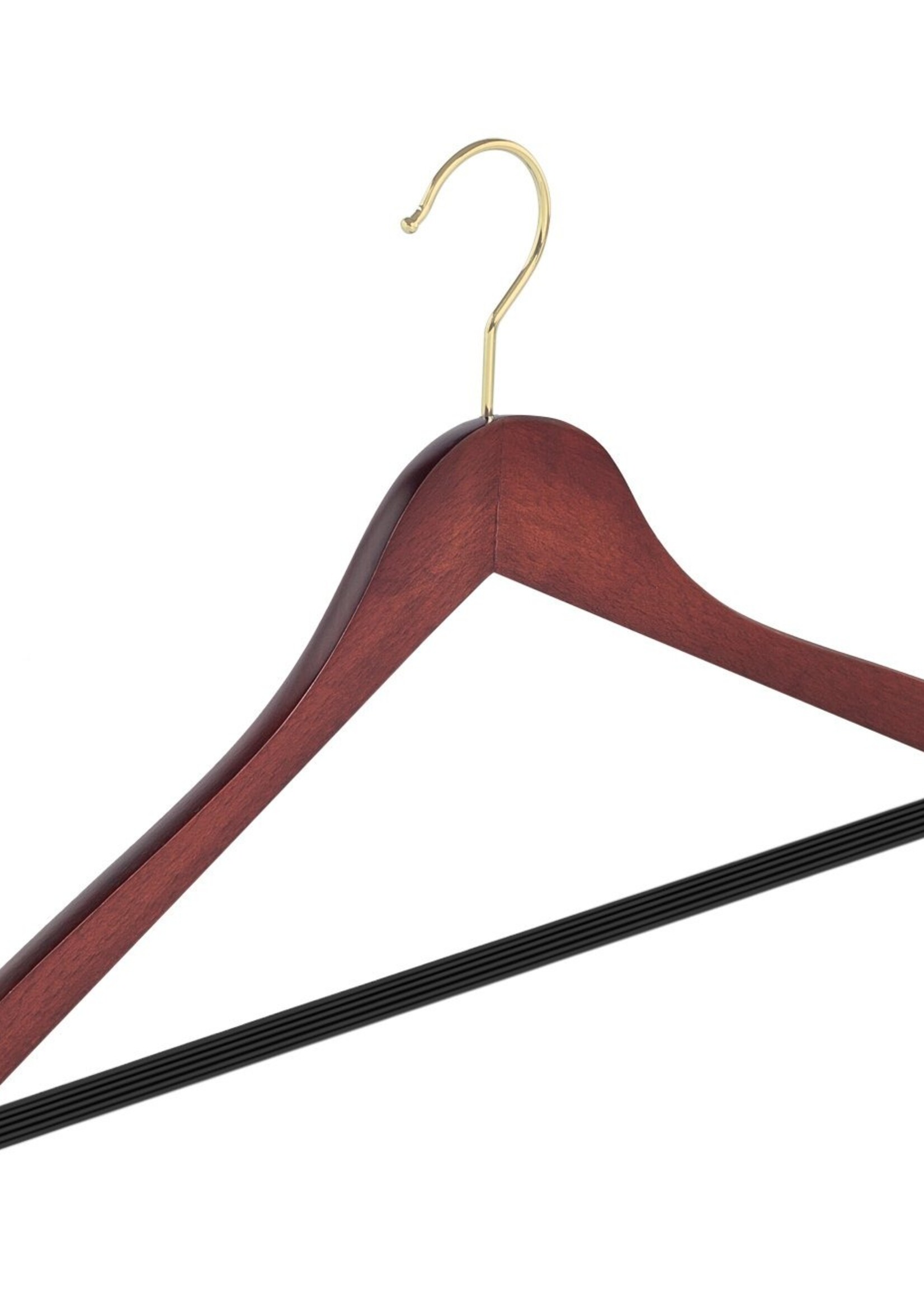 Cintre blouse / chemise (galbé) bois hêtre teinté acajou avec crochet doré et barre antidérapant