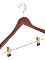 Cintre blouse / chemise (galbé) bois hêtre teinté acajou avec crochet doré, encoches et pinces antidérapantes