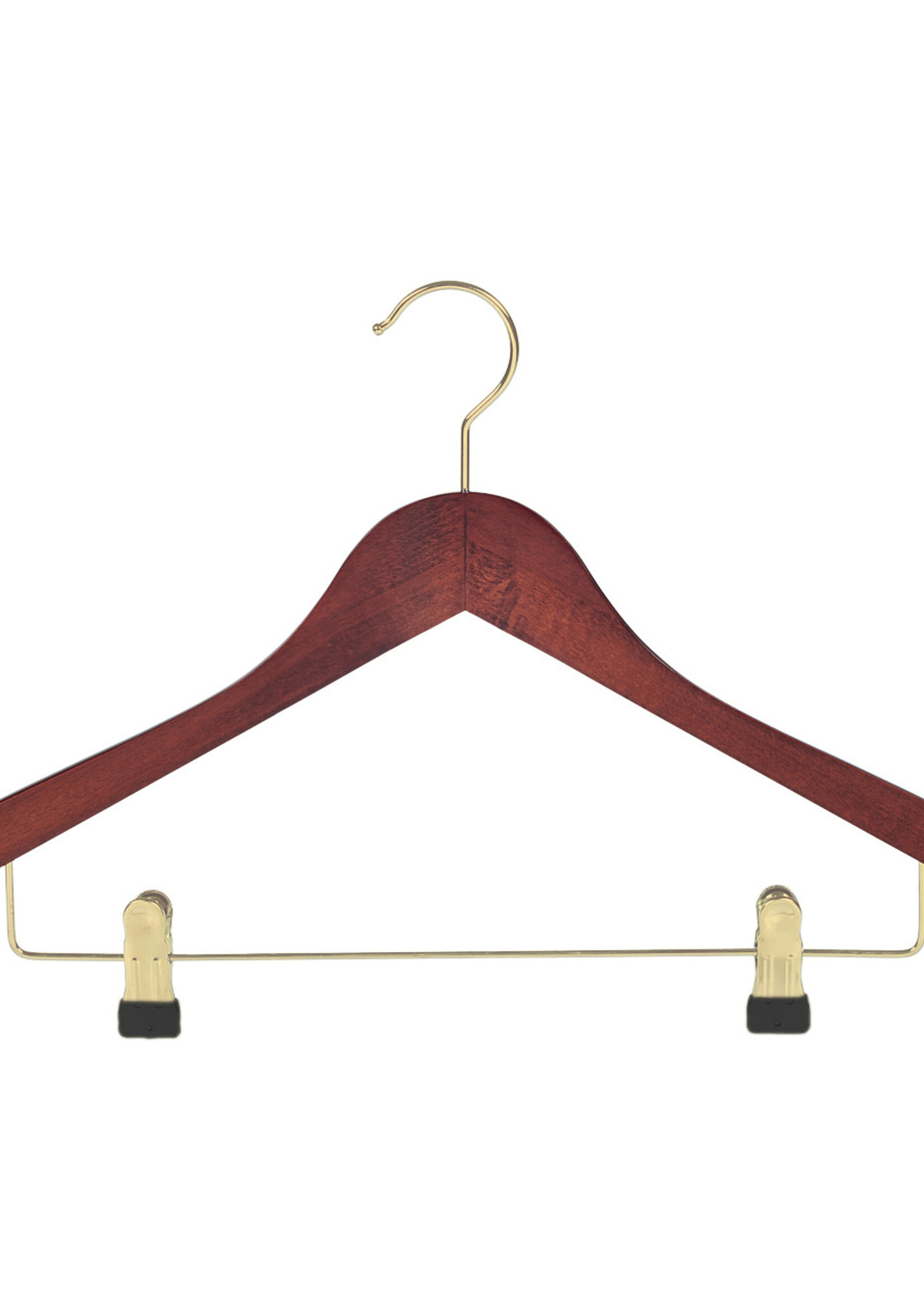 Cintre blouse / chemise (galbé) bois hêtre teinté acajou avec crochet doré, encoches et pinces antidérapantes