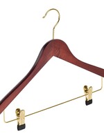 Cintre blouse / chemise (galbé) bois hêtre teinté acajou avec crochet doré et pinces antidérapantes