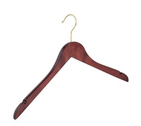 Cintre blouse / chemise (galbé) bois hêtre teinté acajou avec crochet doré et encoches Cintre blouse / chemise (galbé) bois hêtre teinté acajou avec crochet doré et encoches