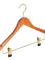 Cintre blouse / chemise (galbé) bois hêtre teinté cerisier avec crochet doré, encoches et pinces antidérapantes