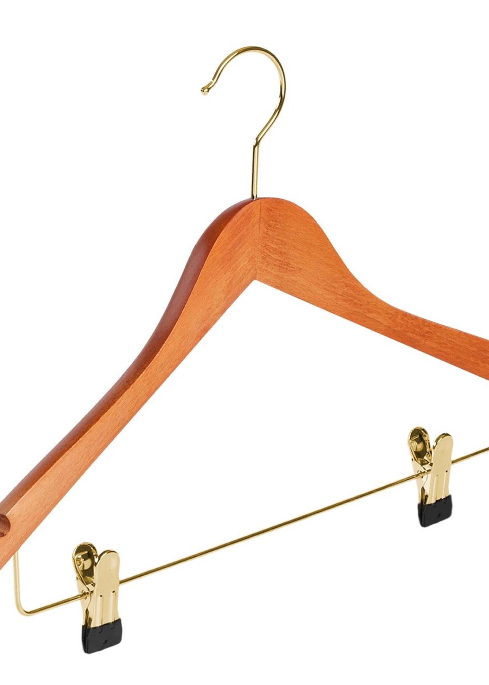 Cintre blouse / chemise (galbé) bois hêtre teinté cerisier avec crochet doré, encoches et pinces antidérapantes