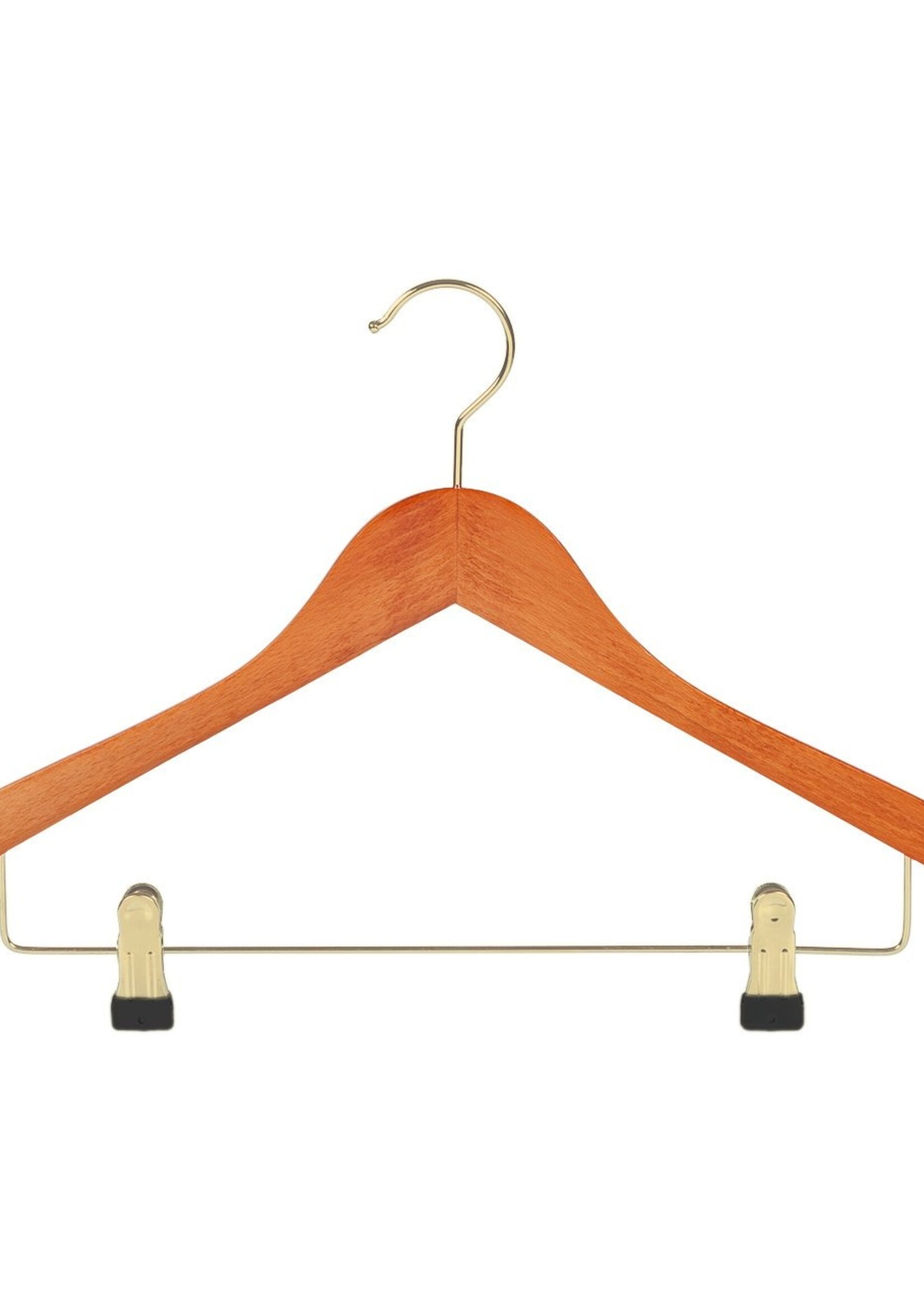 Cintre blouse / chemise (galbé) bois hêtre teinté cerisier avec crochet doré, encoches et pinces antidérapantes