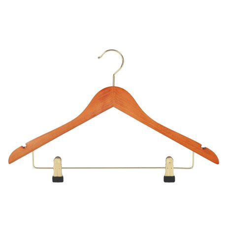 Cintre blouse / chemise (galbé) bois hêtre teinté cerisier avec crochet doré, encoches et pinces antidérapantes Cintre blouse / chemise (galbé) bois hêtre teinté cerisier avec crochet doré, encoches et pinces antidérapantes