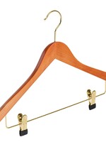 Cintre blouse / chemise (galbé) bois hêtre teinté cerisier avec crochet doré et pinces antidérapantes