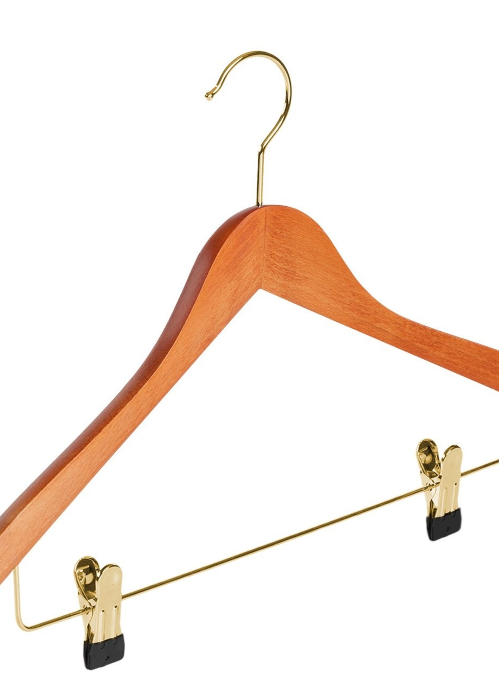 Cintre blouse / chemise (galbé) bois hêtre teinté cerisier avec crochet doré et pinces antidérapantes