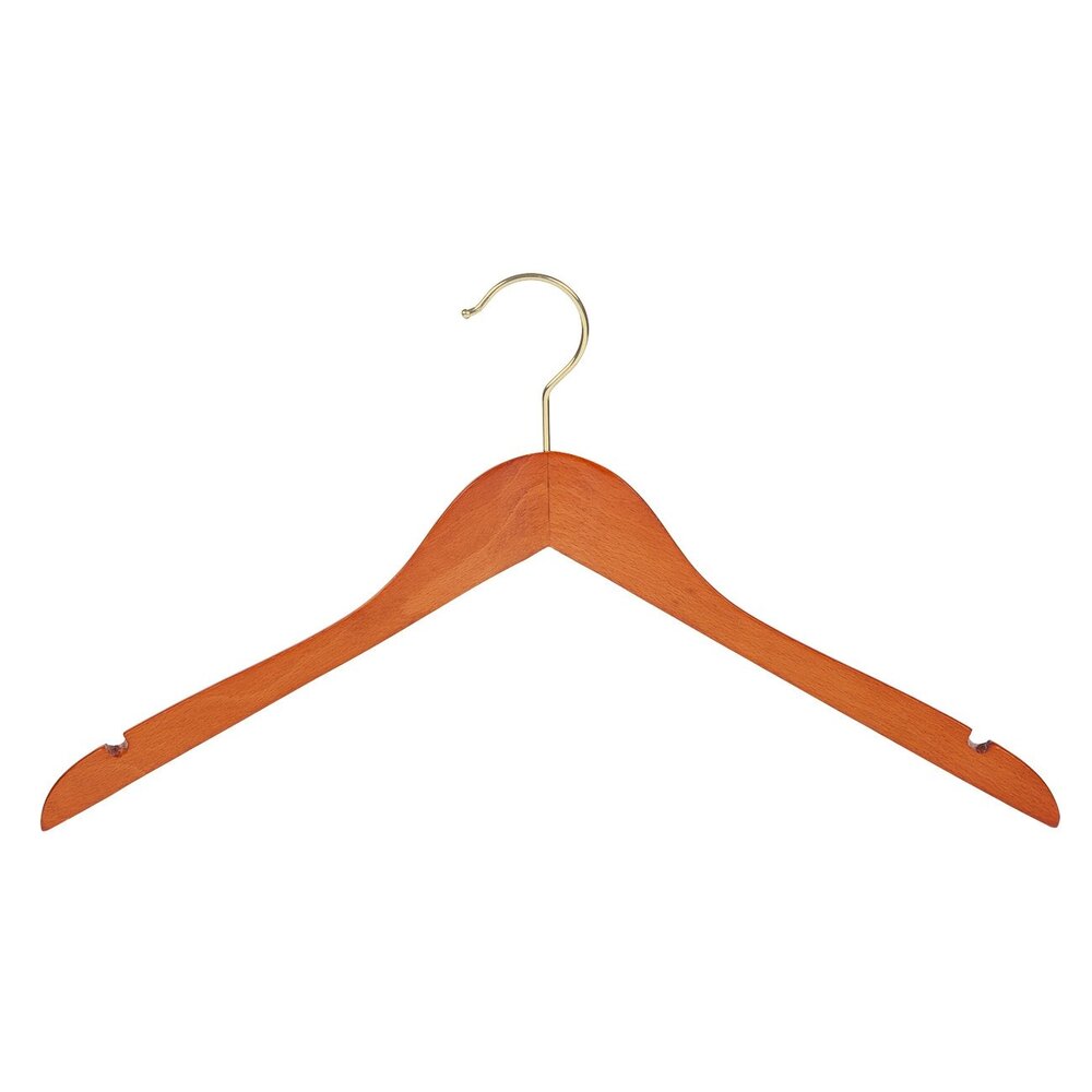 Cintre blouse / chemise (galbé) bois hêtre teinté cerisier avec crochet doré et encoches Cintre blouse / chemise (galbé) bois hêtre teinté cerisier avec crochet doré et encoches