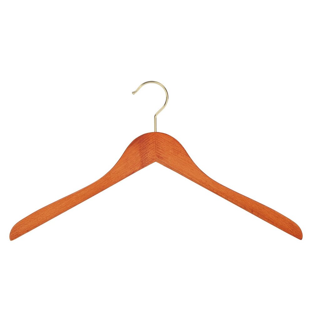 Cintre blouse / chemise (galbé) bois hêtre teinté cerisier avec crochet doré Cintre blouse / chemise (galbé) bois hêtre teinté cerisier avec crochet doré