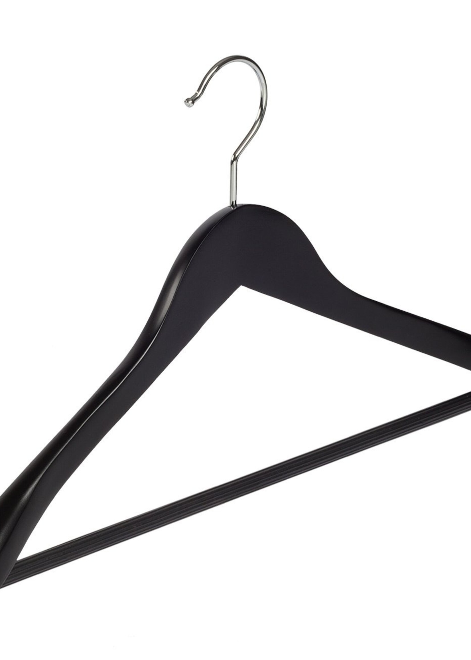 Cintre veste / costume (galbé) bois hêtre laqué noir avec épaules larges et barre antidérapant