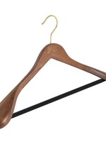 Cintre veste / costume (galbé) bois hêtre teinté noyer avec crochet doré, épaules larges et barre antidérapant