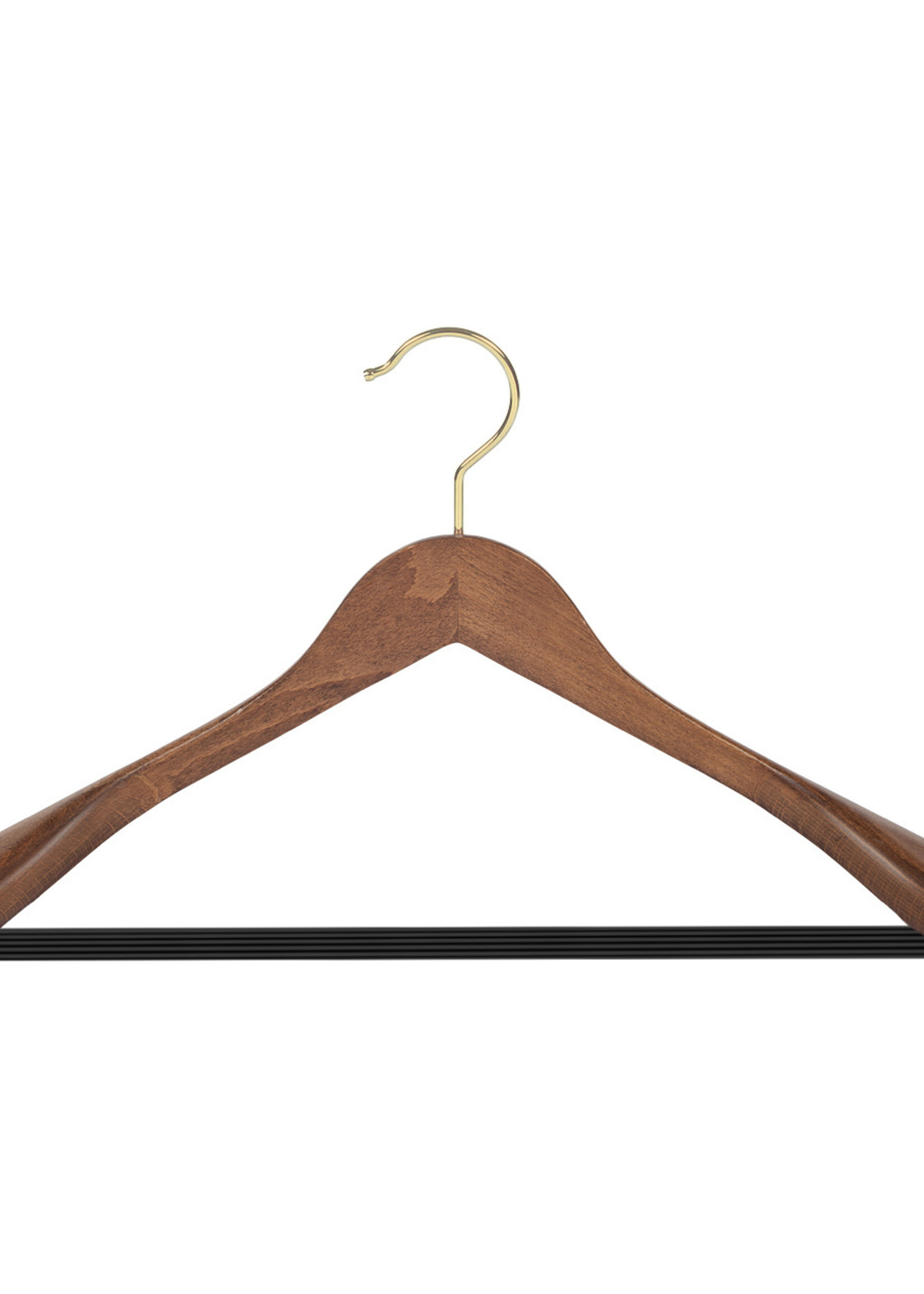Cintre veste / costume (galbé) bois hêtre teinté noyer avec crochet doré, épaules larges et barre antidérapant