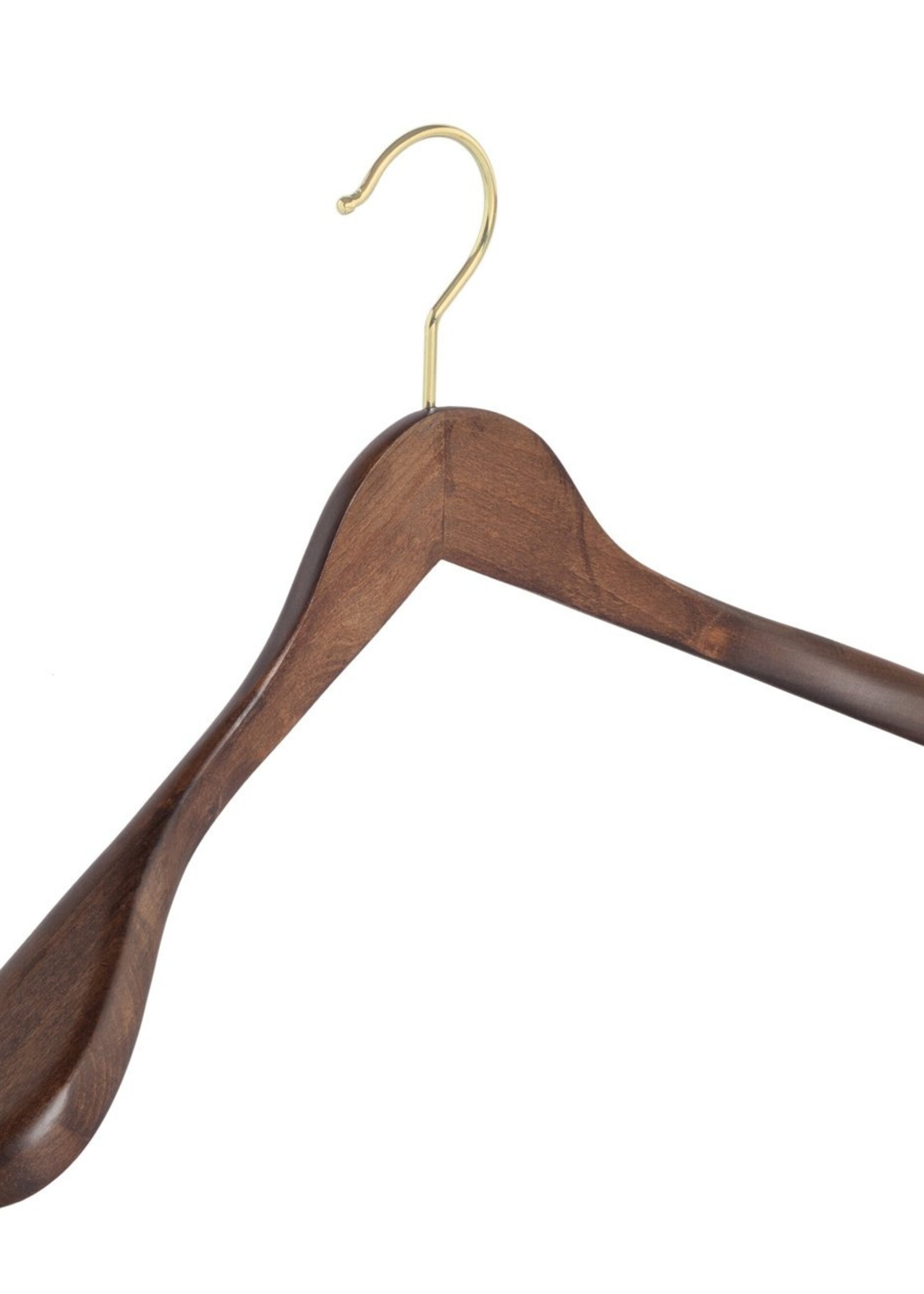 Cintre veste / costume (galbé) bois hêtre teinté noyer avec crochet doré et épaules larges