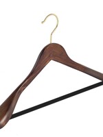 Cintre veste / costume (galbé) bois hêtre teinté noyer avec crochet doré, épaules larges et barre antidérapant