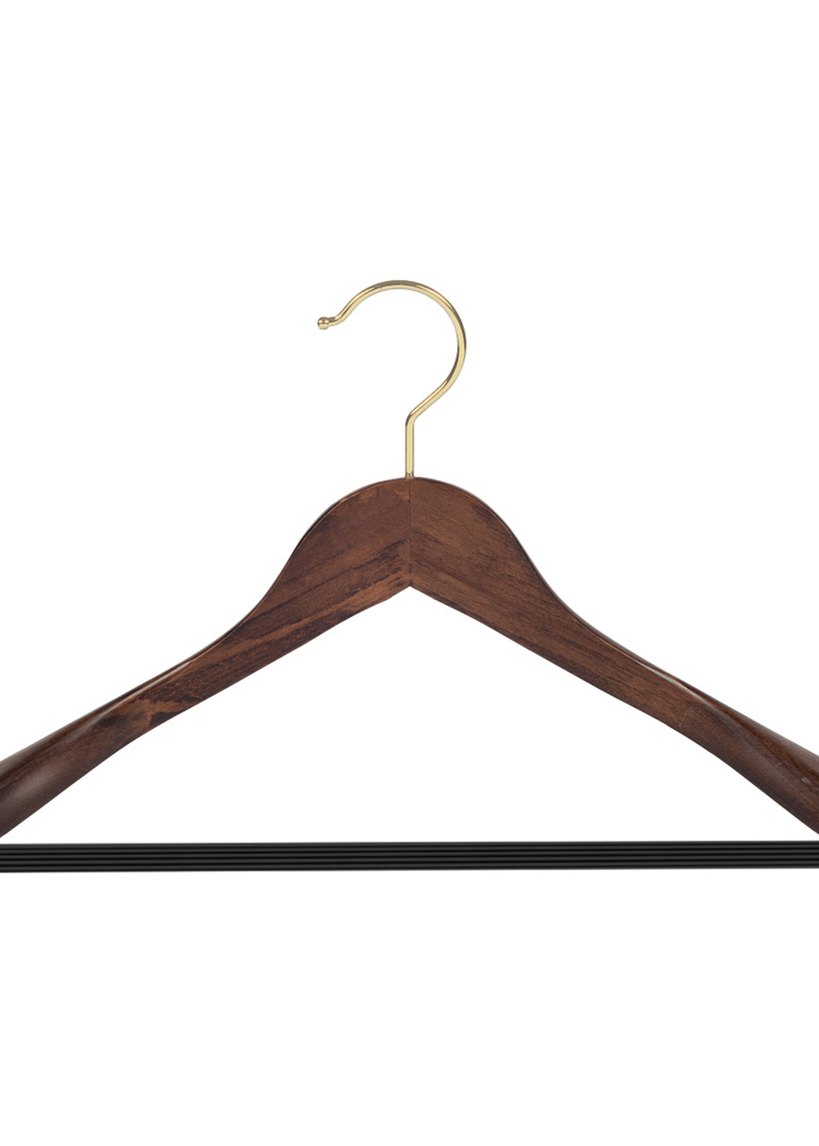 Cintre veste / costume (galbé) bois hêtre teinté noyer avec crochet doré, épaules larges et barre antidérapant