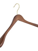 Cintre veste / costume (galbé) bois hêtre teinté noyer avec crochet doré et épaules larges